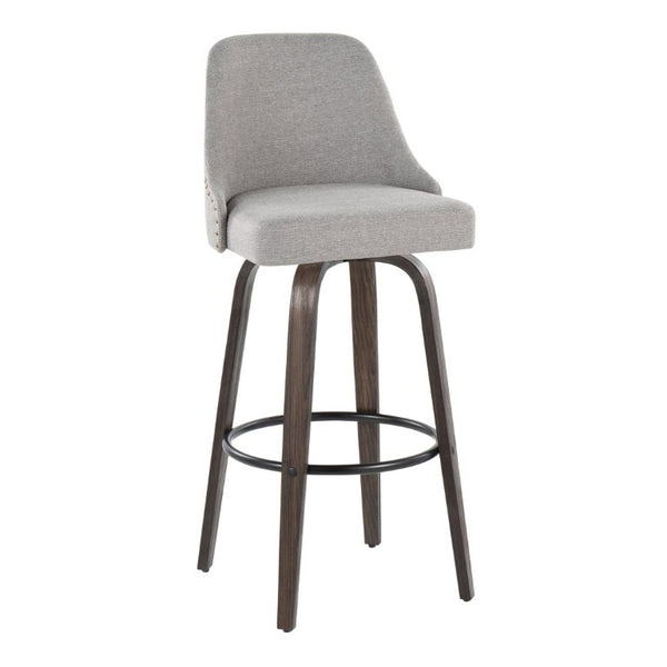 English Elm 30Fixed-Height Swivel Barstools Bentwood Frame Brass Nailhead Upholstered Seat Set of 2 Gray Walnut Glazed Wood B202S02304
