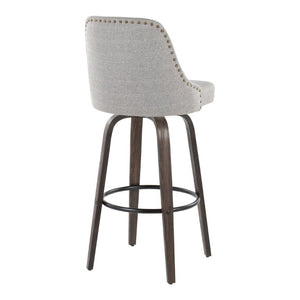 English Elm 30Fixed-Height Swivel Barstools Bentwood Frame Brass Nailhead Upholstered Seat Set of 2 Gray Walnut Glazed Wood B202S02304