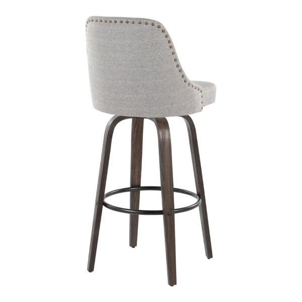 English Elm 30Fixed-Height Swivel Barstools Bentwood Frame Brass Nailhead Upholstered Seat Set of 2 Gray Walnut Glazed Wood B202S02304