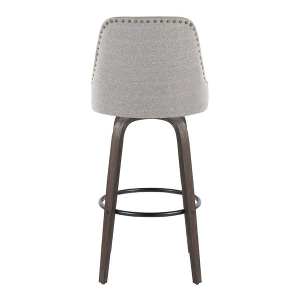 English Elm 30Fixed-Height Swivel Barstools Bentwood Frame Brass Nailhead Upholstered Seat Set of 2 Gray Walnut Glazed Wood B202S02304
