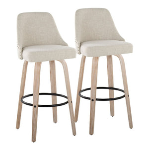 English Elm 30Fixed-Height Swivel Barstools Bentwood Frame Brass Nailhead Upholstered Seat Set of 2 Cream Whitewashed Wood B202S02305