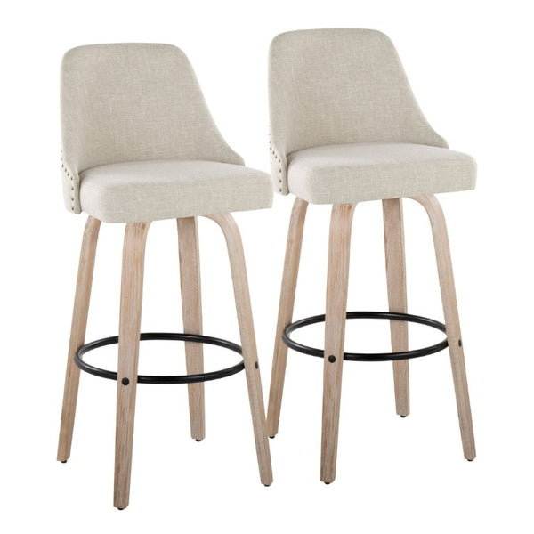 English Elm 30Fixed-Height Swivel Barstools Bentwood Frame Brass Nailhead Upholstered Seat Set of 2 Cream Whitewashed Wood B202S02305