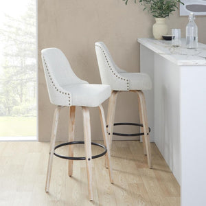 English Elm 30Fixed-Height Swivel Barstools Bentwood Frame Brass Nailhead Upholstered Seat Set of 2 Cream Whitewashed Wood B202S02305