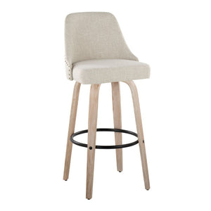 English Elm 30Fixed-Height Swivel Barstools Bentwood Frame Brass Nailhead Upholstered Seat Set of 2 Cream Whitewashed Wood B202S02305