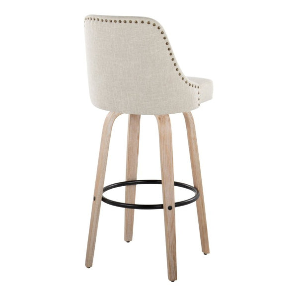 English Elm 30Fixed-Height Swivel Barstools Bentwood Frame Brass Nailhead Upholstered Seat Set of 2 Cream Whitewashed Wood B202S02305