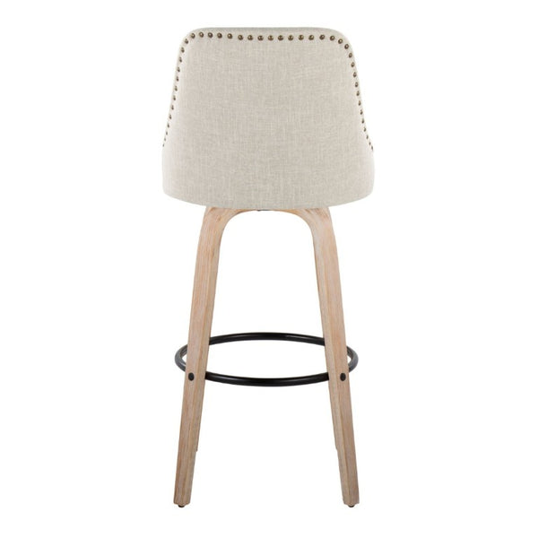 English Elm 30Fixed-Height Swivel Barstools Bentwood Frame Brass Nailhead Upholstered Seat Set of 2 Cream Whitewashed Wood B202S02305