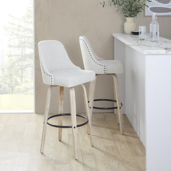 English Elm 30Fixed-Height Swivel Barstools Bentwood Frame Brass Nailhead Upholstered Seat Set of 2 Cream Whitewashed Wood B202S02305