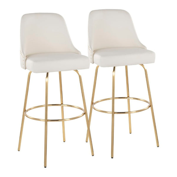 English Elm 30 Inch Swivel Barstools Set of 2 White Faux Leather Gold Nailhead Glam Kitchen Seating B202S02306