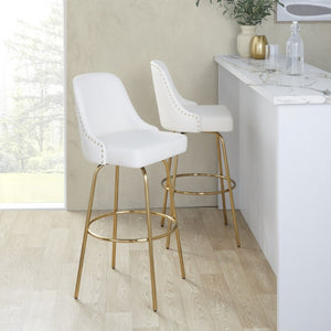 English Elm 30 Inch Swivel Barstools Set of 2 White Faux Leather Gold Nailhead Glam Kitchen Seating B202S02306