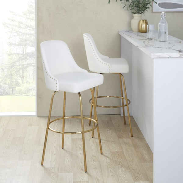English Elm 30 Inch Swivel Barstools Set of 2 White Faux Leather Gold Nailhead Glam Kitchen Seating B202S02306