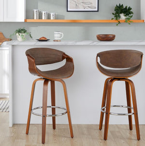 English Elm 30 Inch Swivel Barstools Set of 2 Mid Century Walnut Bentwood Legs Chrome Footrest B202S02307
