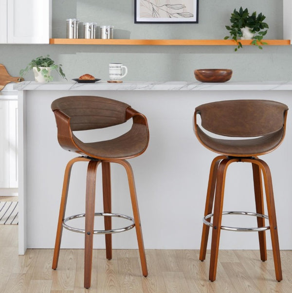 English Elm 30 Inch Swivel Barstools Set of 2 Mid Century Walnut Bentwood Legs Chrome Footrest B202S02307