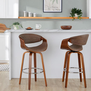 English Elm 30 Inch Swivel Barstools Set of 2 Mid Century Walnut Bentwood Legs Chrome Footrest B202S02307