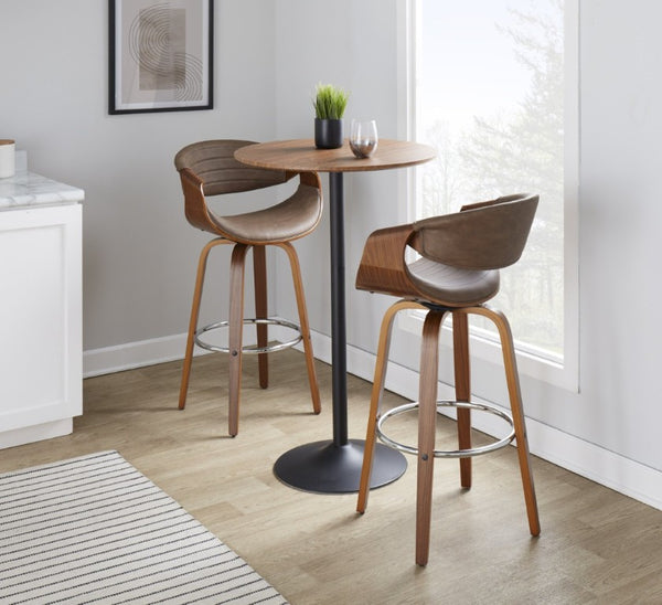 English Elm 30 Inch Swivel Barstools Set of 2 Mid Century Walnut Bentwood Legs Chrome Footrest B202S02307
