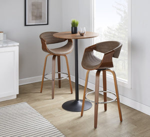English Elm 30 Inch Swivel Barstools Set of 2 Mid Century Walnut Bentwood Legs Chrome Footrest B202S02307