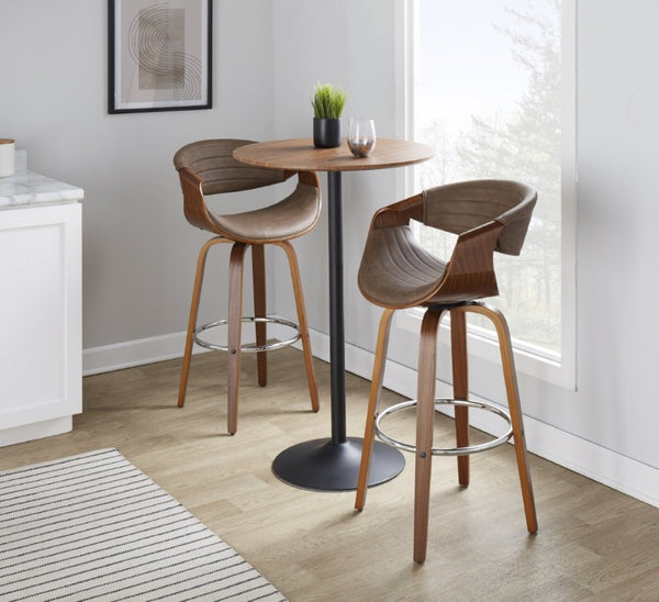 English Elm 30 Inch Swivel Barstools Set of 2 Mid Century Walnut Bentwood Legs Chrome Footrest B202S02307