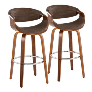 English Elm 30 Inch Swivel Barstools Set of 2 Mid Century Walnut Bentwood Legs Chrome Footrest B202S02307