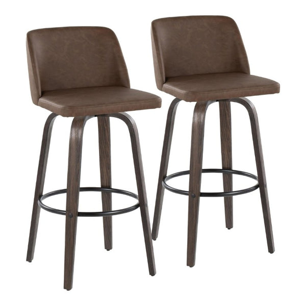 English Elm 30 Inch Mid-Century Swivel Barstools Set of 2 Bentwood Walnut PU Leather Bar Seating B202S02308