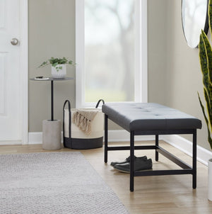 English Elm Bench with Padded Grey Faux Leather Seat and Powder Coated Black Metal Frame B202S02309