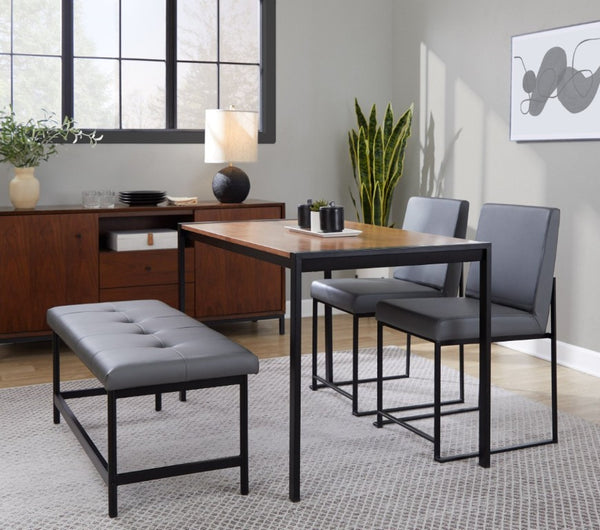English Elm Bench with Padded Grey Faux Leather Seat and Powder Coated Black Metal Frame B202S02309