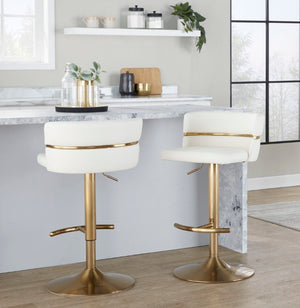 English Elm Adjustable Swivel Barstools Art Deco Gold Base White Faux Leather Seating Set of 2 B202S02310