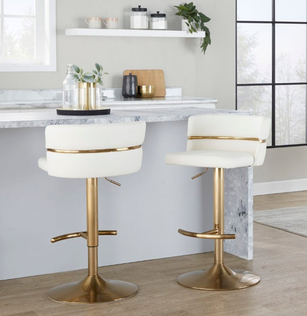 English Elm Adjustable Swivel Barstools Art Deco Gold Base White Faux Leather Seating Set of 2 B202S02310