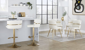 English Elm Adjustable Swivel Barstools Art Deco Gold Base White Faux Leather Seating Set of 2 B202S02310