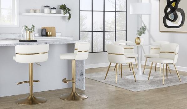 English Elm Adjustable Swivel Barstools Art Deco Gold Base White Faux Leather Seating Set of 2 B202S02310