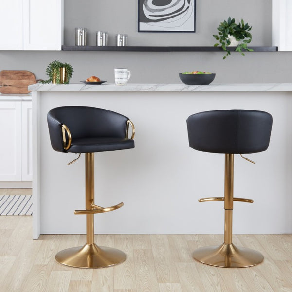English Elm Contemporary Gold Metal Swivel Barstools with PU Leather Seat and Footrest Set of 2 Black B202S02311
