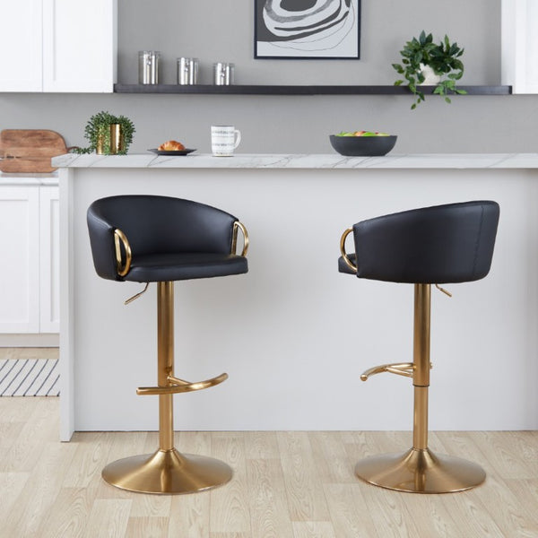 English Elm Contemporary Gold Metal Swivel Barstools with PU Leather Seat and Footrest Set of 2 Black B202S02311