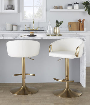 English Elm Contemporary Gold Metal Swivel Barstools with PU Leather Seat and Footrest Set of 2 White B202S02312