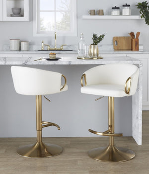 English Elm Contemporary Gold Metal Swivel Barstools with PU Leather Seat and Footrest Set of 2 White B202S02312