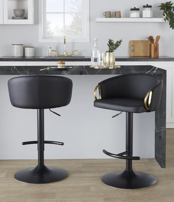 English Elm Contemporary Swivel Barstools with PU Leather Gold Accents and Adjustable Height Set of 2 Black B202S02313