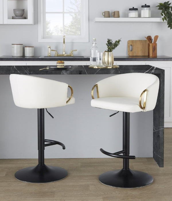 English Elm Contemporary Swivel Barstools with PU Leather Gold Accents and Adjustable Height Set of 2 White B202S02314