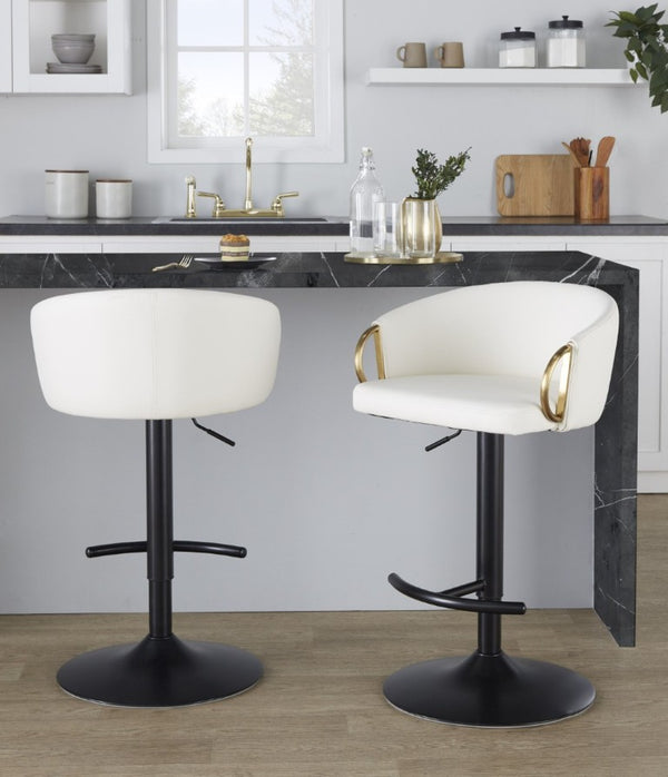 English Elm Contemporary Swivel Barstools with PU Leather Gold Accents and Adjustable Height Set of 2 White B202S02314