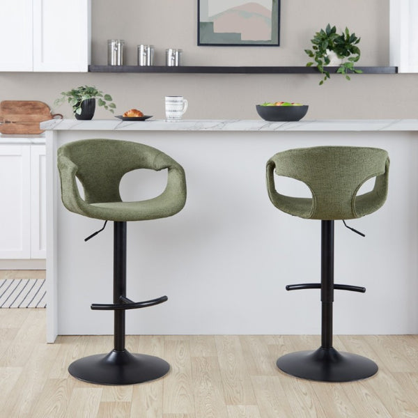 English Elm Contemporary Mid-Century Swivel Barstools with Green Upholstery and Matte Black Base Set of 2 B202S02316