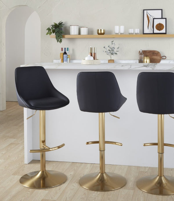 English Elm Contemporary Glam Adjustable Barstool Set Gold Metal Base Swivel Faux Leather Seat B202S02320