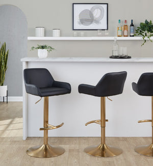 English Elm Contemporary Swivel Barstools Gold Base Black PU Leather Adjustable Height Set of 2 B202S02326