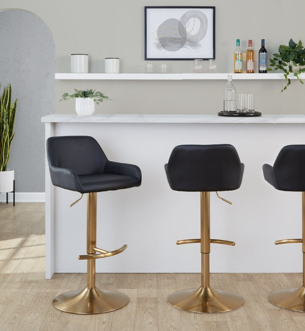 English Elm Contemporary Swivel Barstools Gold Base Black PU Leather Adjustable Height Set of 2 B202S02326