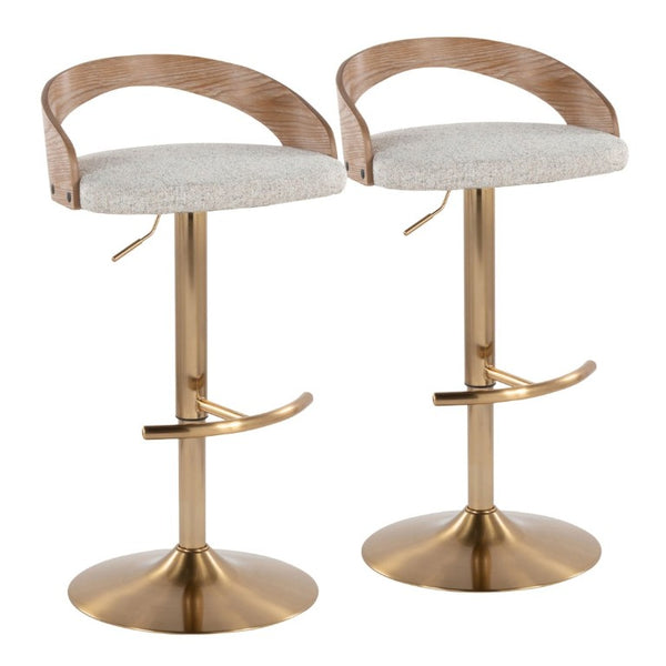 English Elm Adjustable Swivel Barstools with Gold Base Oat Upholstery and Whitewashed Wood Set of 2 B202S02329