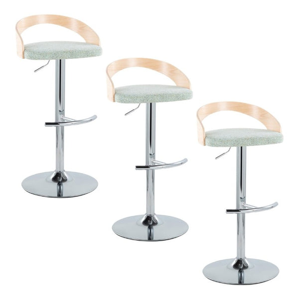 English Elm Adjustable Swivel Barstools Set of 3 Sage Green Fabric Chrome Base Natural Wood B202S02332