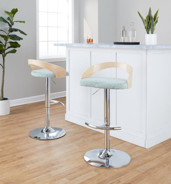 English Elm Adjustable Swivel Barstools Set of 3 Sage Green Fabric Chrome Base Natural Wood B202S02332