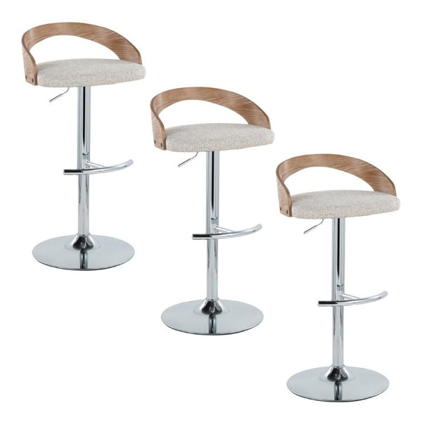 English Elm Adjustable Swivel Barstools Set of 3 with Oat Fabric Chrome and Whitewashed Wood B202S02333