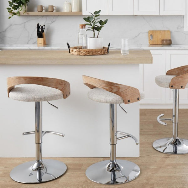 English Elm Adjustable Swivel Barstools Set of 3 with Oat Fabric Chrome and Whitewashed Wood B202S02333