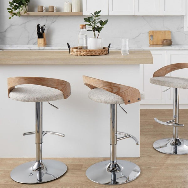 English Elm Adjustable Swivel Barstools Set of 3 with Oat Fabric Chrome and Whitewashed Wood B202S02333