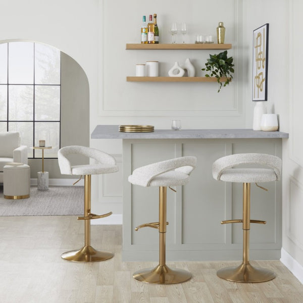 English Elm Adjustable Swivel Barstools Set of 3 Gold Base Oat Fabric Counter Height Seating B202S02336