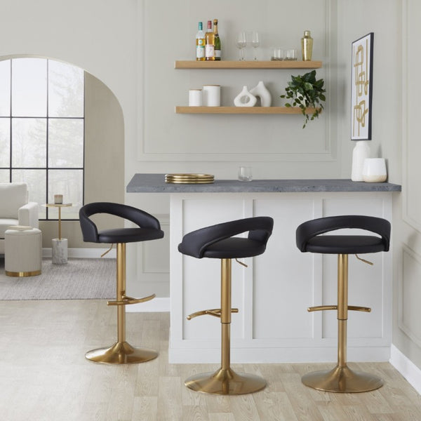 English Elm Adjustable Swivel Barstools Set of 3 Gold Base PU Leather for Kitchen Island Black B202S02339