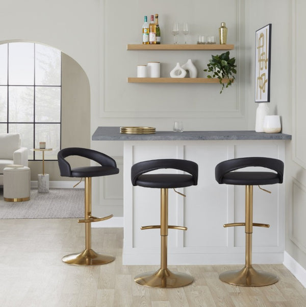 English Elm Adjustable Swivel Barstools Set of 3 Gold Base PU Leather for Kitchen Island Black B202S02339