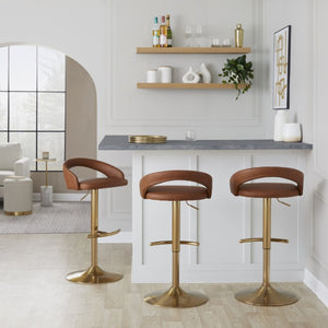 English Elm Adjustable Swivel Barstools Gold Base Faux Leather Upholstered Set of 3 Kitchen Bar Camel B202S02340