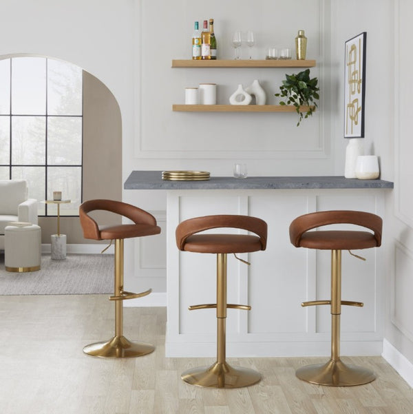 English Elm Adjustable Swivel Barstools Gold Base Faux Leather Upholstered Set of 3 Kitchen Bar Camel B202S02340